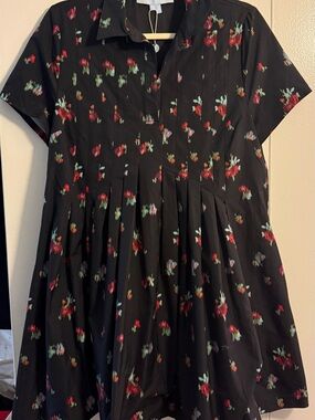 Hill House Mini Dress in Black with Red and Mint Floral Print